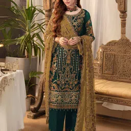 ODETTE Ethnic Motifs Embroidered Semi Stitched Kurta & Trouser With Dupatta Dress Material-image-14