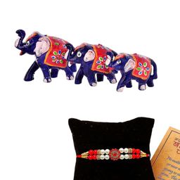 CraftVatika 6-Pcs Elephant Showpiece With Greeting Card & Roli Chawal Rakhi Gift Set-image-58