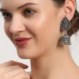 Sangria Silver-Plated Artificial Stones Studded and Beads Beaded Dome Shaped Jhumkas-23