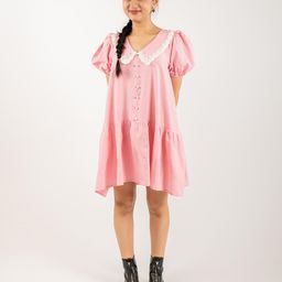 MONOMEE Above the Keyboard Collar Puff Sleeves Cotton Drop-Waist Dress-3