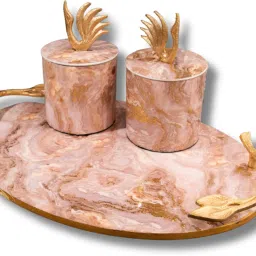 Peach Splash Tray+Container Oval tray with 2 container Glass Tray Set-image-1