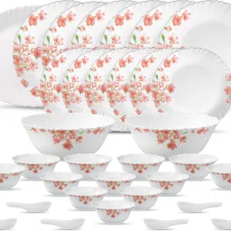 Pack of 33 Opalware Diva Classique Aster Pink 33 Pcs {{ Full Plate - 6 Pcs || Quarter Plate - 6 Pcs || Soup Bowl - 6 Pcs || Veg Bowl - 6 Pcs || Rice Plate - 1 Pcs || Serving Bowl - 2 Pcs || Dinner Spoon - 6 Pcs }} Dinner Set (Microwave Safe) Dinner Set-7