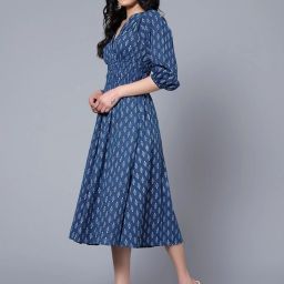 Women Fit and Flare Dark Blue Below Knee Dress-image-27