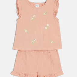 MINI KLUB Girls floral Embroidered Round Neck Sleeveless Pure Cotton Top With Shorts-picture-11