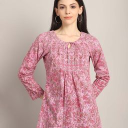 Merira Floral Printed Keyhole Neck Pure Cotton A-Line Kurti-picture-44
