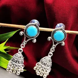 Yash Jewels Emporiums Silver Plated Artificial Stones Studded Oxidised Dome Shaped Jhumkas-image-90