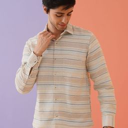 Indian Needle Men Classic Spread Collar Horizontal Striped Cotton Casual Shirt-image-57