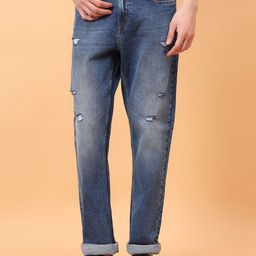 Mast & Harbour Men Classic Straight Fit Mildly Distressed Light Fade Stretchable Jeans-image-95