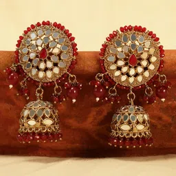 Anouk Maroon Gold-Plated Mirror And Pearls Studded Dome Shaped Jhumkas-4