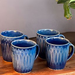 ARAVALII Set Of 4 Blue & White Printed Ceramic Glossy Mugs-18