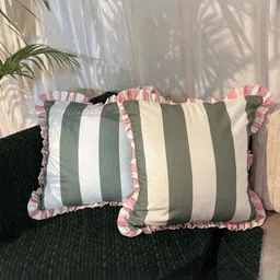 LUSHLYF Olive Green & Pink 2 Pieces Striped Pure Cotton Square Cushion Covers-42
