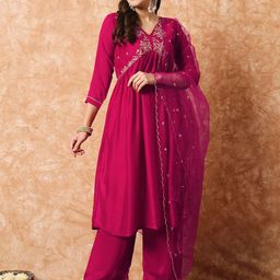 JAPNAAM Women Ethnic Motifs Embroidered Silk A-Line Kurta with Palazzo & Dupatta-47