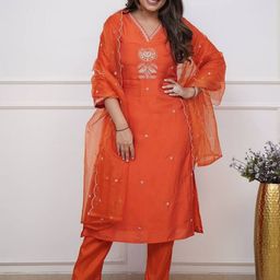 NIZA FASHION Floral Embroidered V-Neck Sequinned Straight Kurta With Trousers & Dupatta-image-91