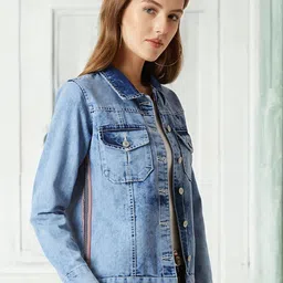 Miss Chase Women Striped Denim Jacket with Embroidered-44