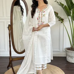 KALINI Floral Embroidered Notch-Neck Straight Kurta With Trousers And Dupatta-picture-25