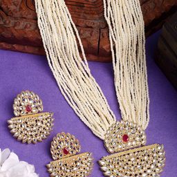 NVR Women Kundan Studded & Pearls Beaded Jewellery Set-image-7