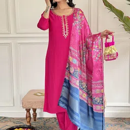 HERE&NOW Women Ethnic Motifs Embroidered Regular Kurta with Trousers & With Dupatta-picture-39