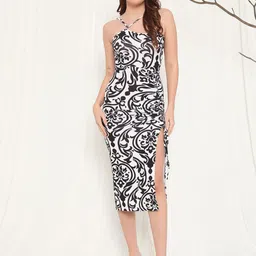 VANGULL Ethnic Motifs Print Halter Neck Monochrome Slit Bodycon Midi Dress-picture-25
