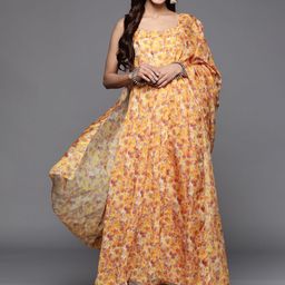 Varanga Yellow Floral Printed Shoulder Straps Neck Sleeveless Georgette Kurta & Dupatta-image-81