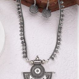 Sangria Women Silver Toned German Silver Oxidised Necklace with Jhumka Earrings-image-44