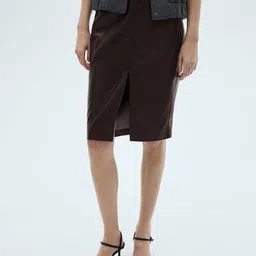 MANGO Faux Leather Front Slit Straight Skirt-image-87