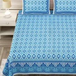 Aapno Rajasthan Blue & White Ethnic Motifs 144 TC King Bedsheet with 2 Pillow Covers-image-98