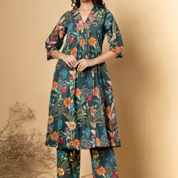 Readiprint Floral Printed V-Neck Mirror Work Pure Cotton A Line Kurta With Trouser-16