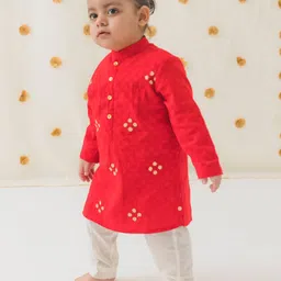 Tiber Taber Boys Floral Embroidered Zari Work Pure Cotton Straight Kurta With Trouser-image-62