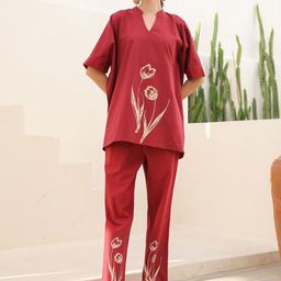 JISORA Women's Rust Printed Russian Silk Top With Trousers Co-Ord Set-15