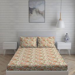 Living scapes by Pantaloons White & Brown Floral 210 TC Queen Bedsheet with 2 Pillow Covers-image-61