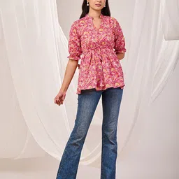 Futra Gabha Women Floral Print Mandarin Collar Puff Sleeve Cotton Fitted Top-image-47
