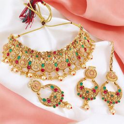 LUCKY JEWELLERY Gold-Plated Artificial Stone Studded & Beaded Jewellery Set-image-38