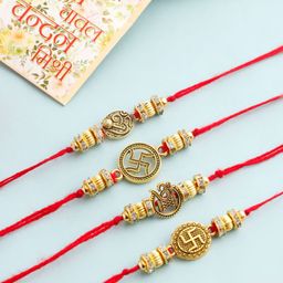 Anouk Set of 4 Stones Studded Swastik Design Thread Rakhi with Roli Chawal Chandan-26