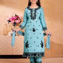 Sangria Girls Turquoise Blue Pure Silk Kurta Sets-image-67