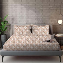 VINTANA Brown & White Floral 210 TC Queen Bedsheet with 2 Pillow Covers-image-66