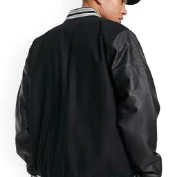 Be Savage Men Striped Fleece Windcheater and Water Resistant Leather Jacket image 3