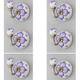 IndianShelf White & Blue 6 Pieces Floral Printed Ceramic Wall Hooks-7