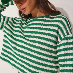 Happiness istanbul Women Striped Crop Cardigan-image-50