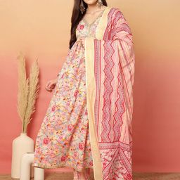 Sangria Floral Printed V- NeckAnarkali Cotton Kurta, Trouser & Dupatta-image-71
