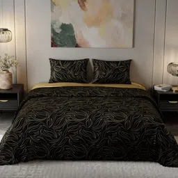 Stoa Paris Gold-Toned & Black Floral 4 Piece Double King Size Bedding Set-52