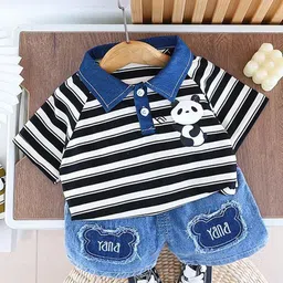 POP STREET KIDS Boys Striped Polo Collar T-shirt With Shorts-image-73