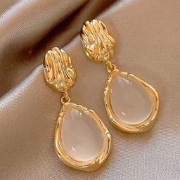 Celestique Gold Plated Artificial Stones Studded Korean Teardrop Shaped Drop Earrings-image-2