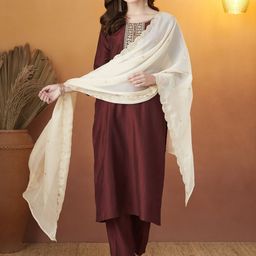 MOKOSH Women Solid Kurta with Trousers & Dupatta-image-52