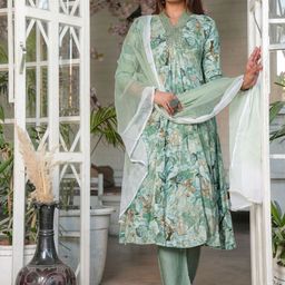 SINGNI Floral Printed Pleated Mirror Work A-Line Kurta with Trouser & Dupatta-3
