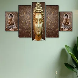 Aura Brown & Green 5 Piece Wood Religious Wall Paintings-16