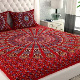 MAGICAL Red And Blue Ethnic Motifs Printed Cotton 104 TC Queen Bedsheet set-image-13