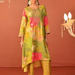 Lakshita Floral Printed Chanderi Cotton Kurta With Trousers-17