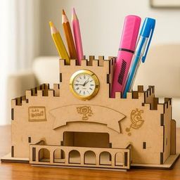 SOMIL Wooden Castle Design Pen Stand with Clock-picture-0
