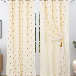 Aura Beige & Brown Embroidered Black Out Window Curtain-14