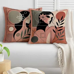 STITCHNEST Peach-Coloured & Black 2 Pieces Abstract Satin Square Cushion Covers-5